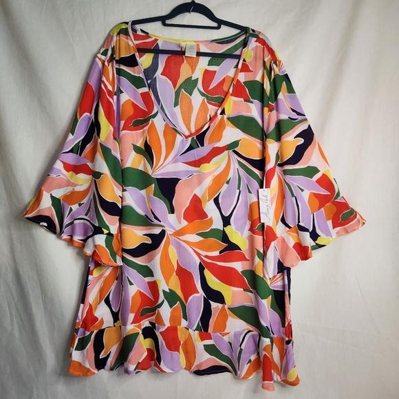 Anne Cole Tops - Anne Cole Multicolor Leaf Print Kimono Flounce V Neck Tunic Size 14/16 NWT